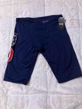 TYR Navy Blue Men's Swim Jammers with Red and White Accent